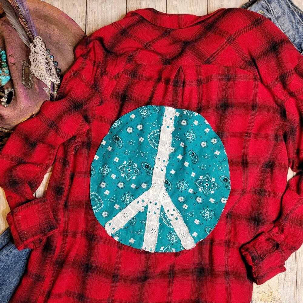 Upcycled Peace Out Plaid Boho Shirt, size XXL, A New Day brand